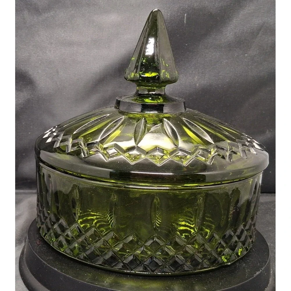 Vintage Olive Green Pressed Glass Candy Dish Lid Diamond Point Thumbprint Jar